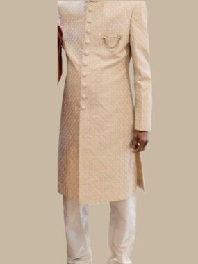 Beige Ivory cream Jacquard Wedding Sherwani Groom Traditional Indian Menswear